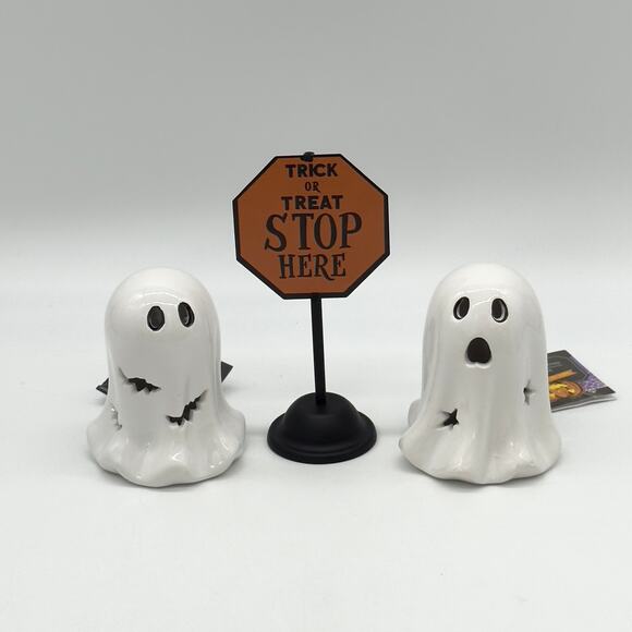 3 Pc Set Ceramic LED Halloween Ghosts w/ Bats & Stars + Mini Street Sign NEW - Picture 1 of 4